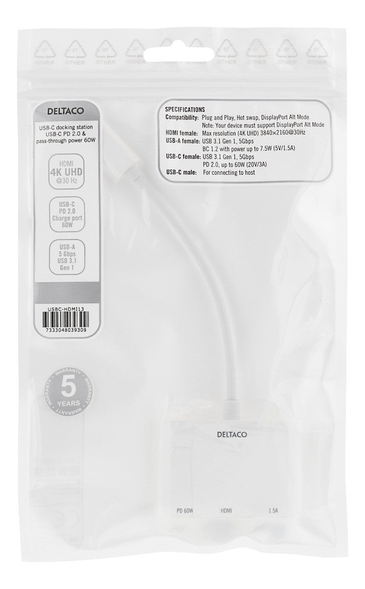DELTACO USBC-HDMI13 USB-C Docking Station - HDMI 4K 30Hz - USB 3.1 Gen 1 - USB-C PD 60W - White