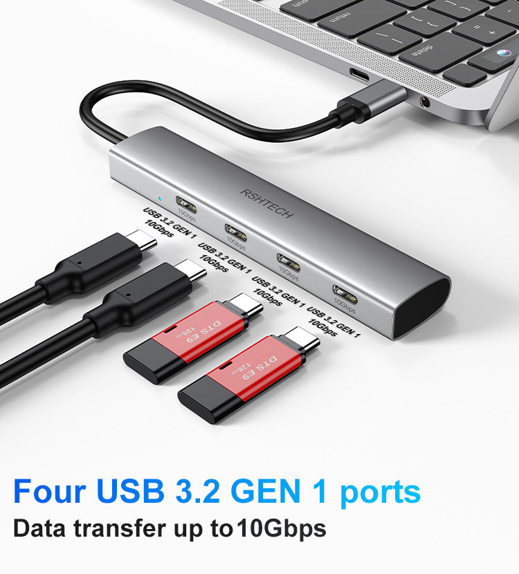 NÖRDIC USBC-HUB83 USB-C to 4x USB-C Hub - 10 Gbps - USB 3.2 Gen 2 - 15cm Cable - Space Gray
