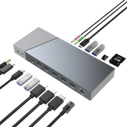 NÖRDIC DOCK-162 Docking Station USB to USB-C - DisplayLink - 1 to 15 - 3x HDMI, 3.5mm Jack, 1x RJ45, 1x SD/TF, 2x SD and MicroSD - For 3 screens