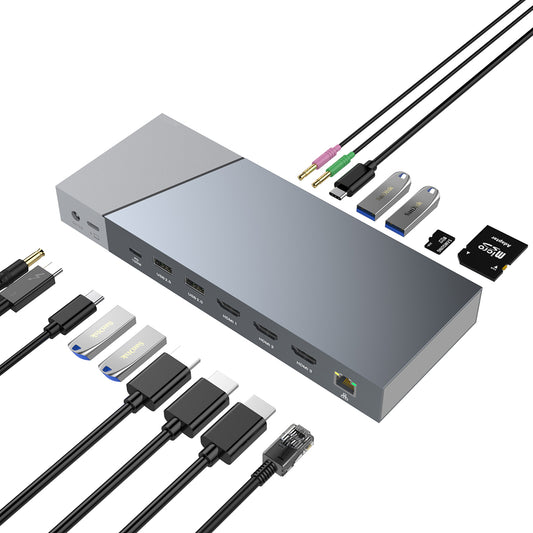 NÖRDIC DOCK-162 Docking Station USB naar USB-C - DisplayLink - 1 naar 15 - 3x HDMI, 3.5mm Jack, 1x RJ45, 1x SD/TF, 2x SD en MicroSD - Voor 3 schermen