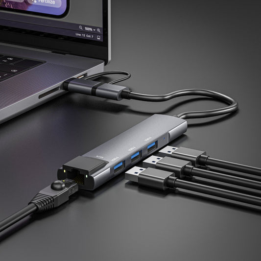NÖRDIC USB-HUB8 - USB-C - USB-A 3.1 - Ethernet Giga network adapter - 3xUSB3.1 hub - Aluminum