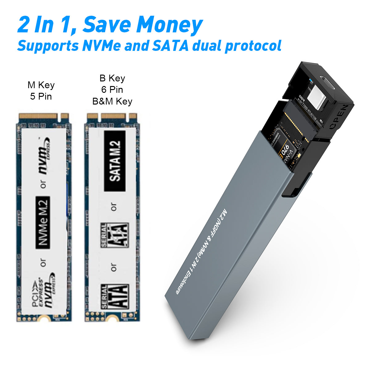 NÖRDIC M.2 SSD enclosure - USB-C and USB-A - For NVMe and SATA SSD - Suitable for Smartphone, PC &amp; Tablet
