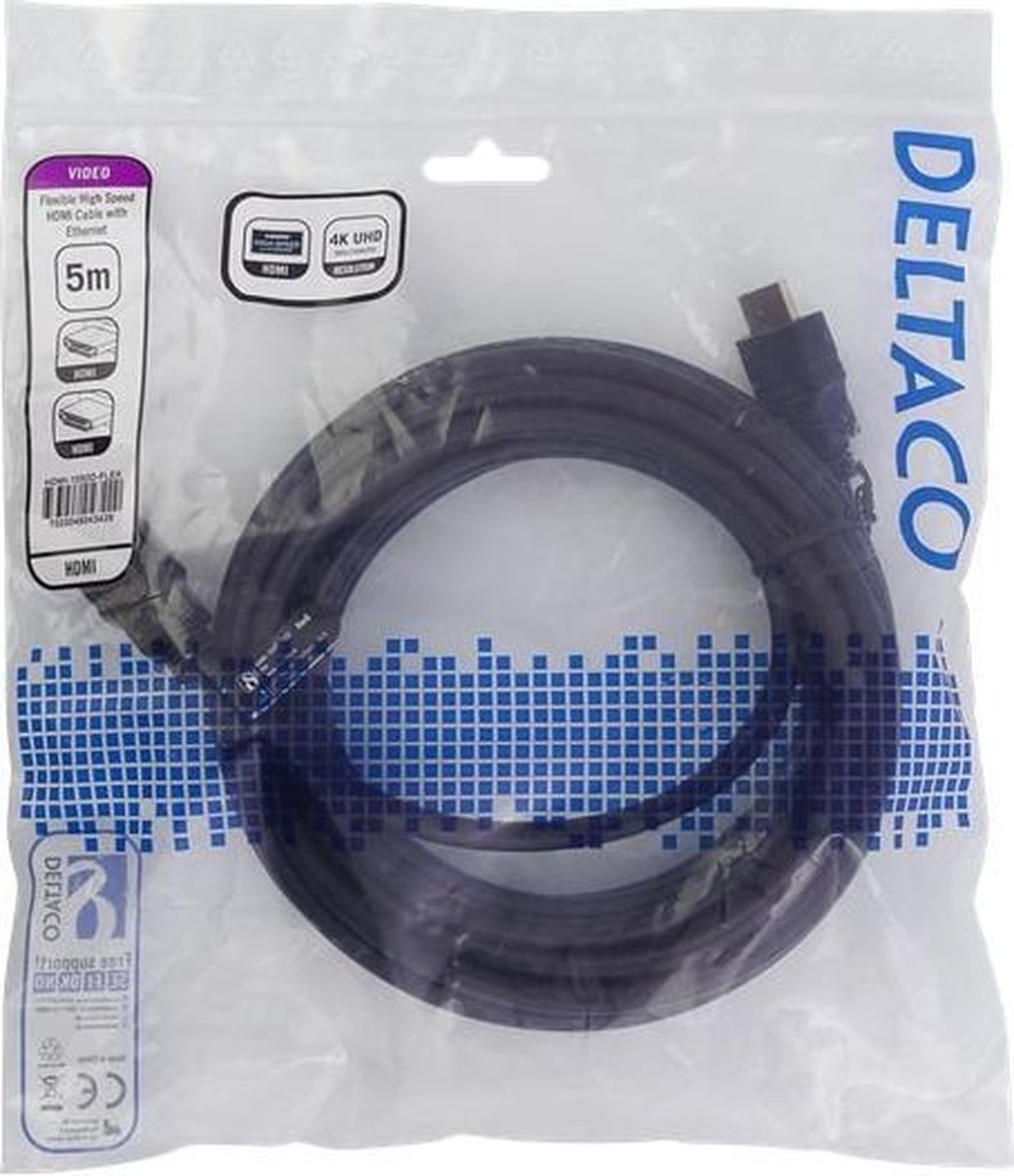 DELTACO HDMI-1050D-FLEX, Flexible HDMI cable, High Speed ​​HDMI with Ethernet 4K, UltraHD at 60 Hz, 5 m, black