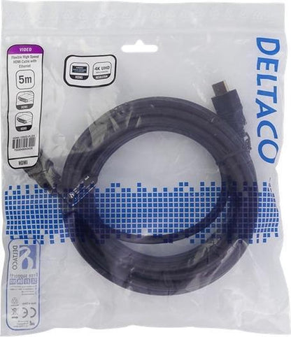 DELTACO HDMI-1050D-FLEX, Flexible HDMI cable, High Speed ​​HDMI with Ethernet 4K, UltraHD at 60 Hz, 5 m, black
