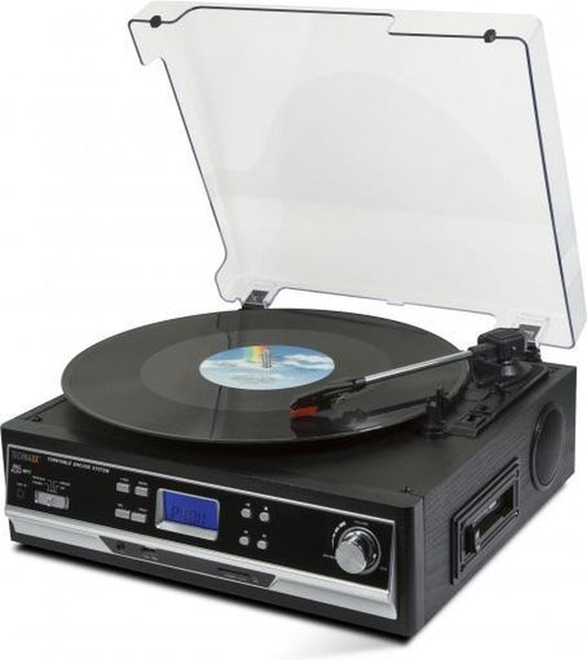 Technaxx TX-22+ Plattenspieler und Kassettendeck mit Digitalisierungsfunktion auf USB oder SD, integrierten Lautsprechern und Bluetooth, Schwarz