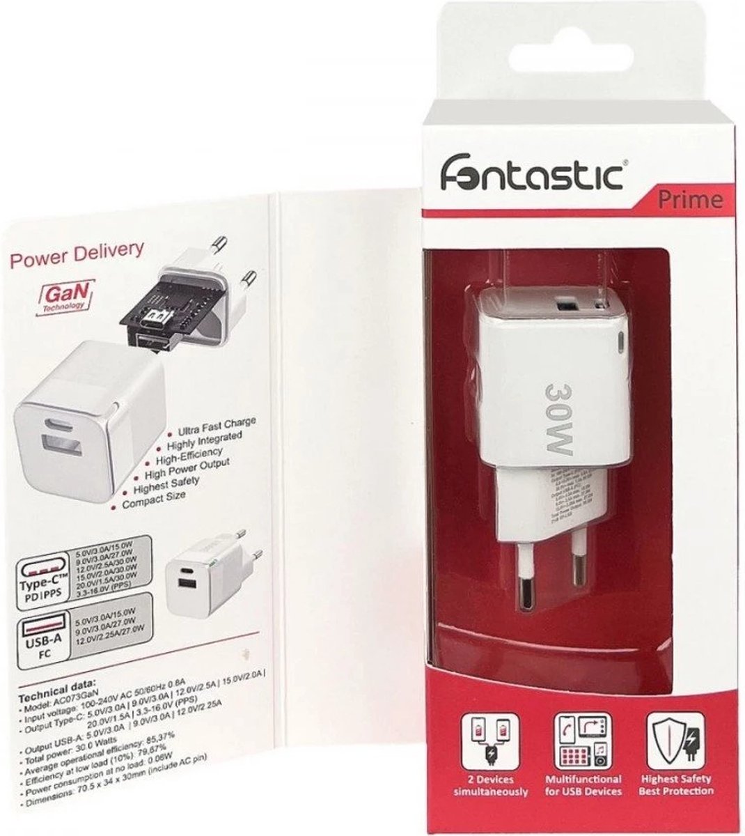 Fontastic 261367 Loose AC Charger USB-A and Type-C - Fast Charger - 30W - White