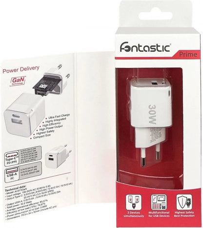 Fontastic 261367 Loose AC Charger USB-A and Type-C - Fast Charger - 30W - White