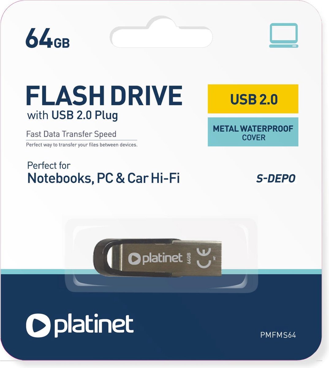 PLATINET PMFMS64 PENDRIVE USB 2.0 S-Depo 64GB USB Geheugenstick METAL - metalen behuizing