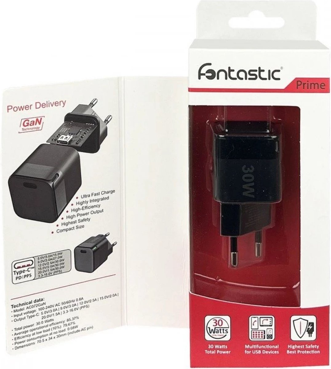 Fontastic 261336 AC Oplader USB-C aansluiting - Snellader - 30W - Zwart