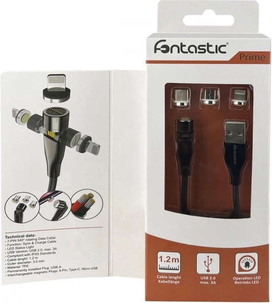 Fontastic 257056 Magnetische USB naar USB-C kabel - Micro-USB, Lightning - 1.2m - Zwart