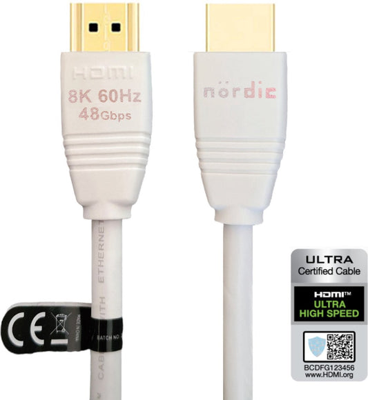 NÖRDIC HDMI-510A HDMI naar HDMI kabel - Gecertificeerd - HDMI2.1 - 8K60Hz - 48Gbps - Vergulde connectoren - 1m - Wit