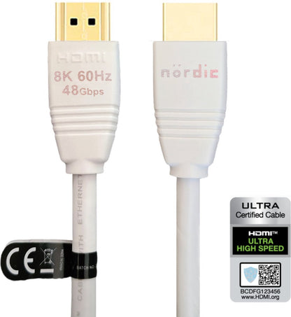 NÖRDIC HDMI-520A HDMI naar HDMI kabel - Gecertificeerd - HDMI2.1 - 8K60Hz - 48Gbps - Vergulde connectoren - 2m - Wit