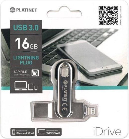 Platinet PMFL163A USB 3.0 en Lightning flash drive 16GB metaal met App
