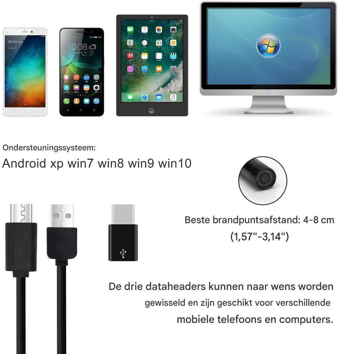 5m Endoscoop camera - 7mm kop en 5m kabel inspectiecamera - 720p HD - Te gebruiken met android telefoons of desktop (USB-A, USB-C, Micro USB), Waterdicht
