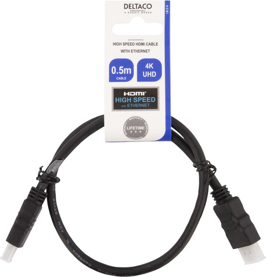 DELTACO HDMI-905, HDMI naar HDMI kabel, Ultra High speed, 4K, 60Hz, 0,5 m, zwart