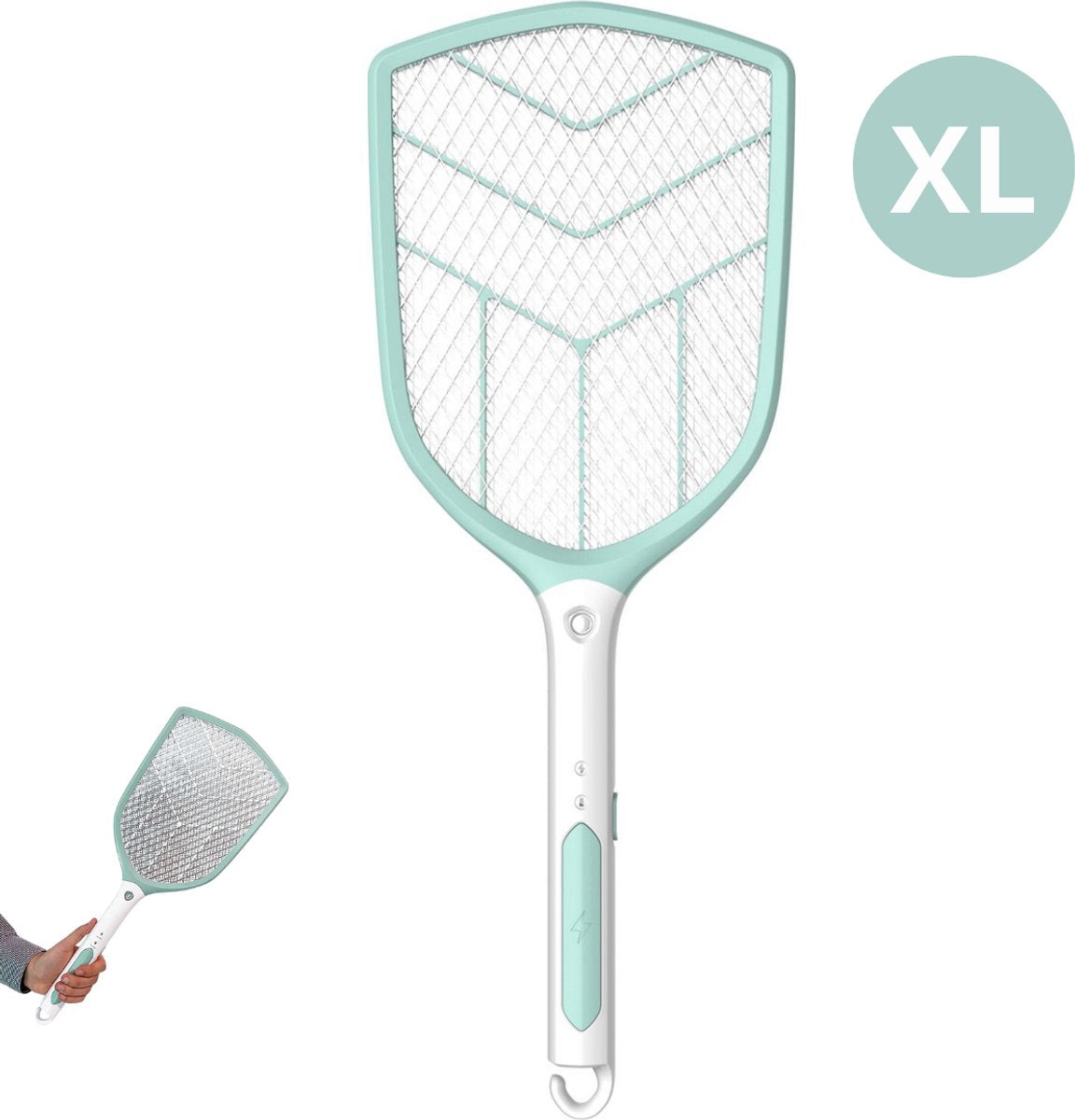 PLATINET PRMB3839 Large Rechargeable Electric Fly Swatter - Mosquito Swatter 1200 mAh Mint White with LED Light