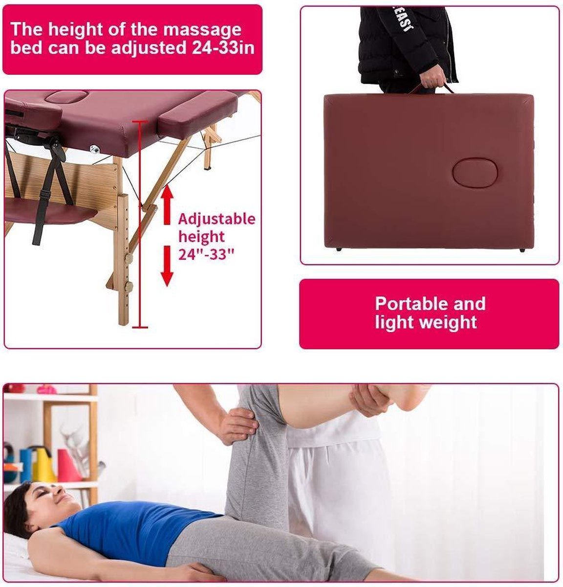 BestMassage MT-T1-Burgundy, Massagetafel draagbaar massagebed, 186 cm, hoogte verstelbaar en tweevoudig opklapbaar, met draagtas, rood