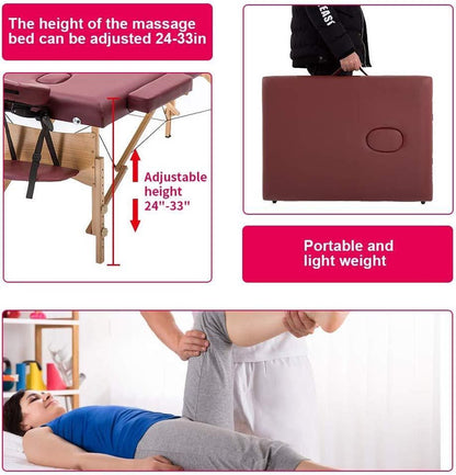 BestMassage MT-T1-Burgundy, Massagetafel draagbaar massagebed, 186 cm, hoogte verstelbaar en tweevoudig opklapbaar, met draagtas, rood