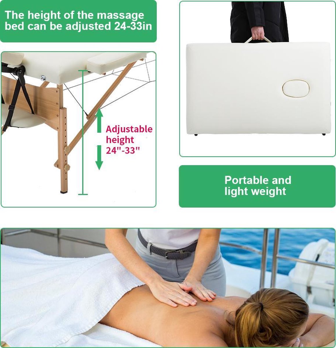 BestMassage MT-T1-Cream, Massagetafel draagbaar massagebed, 186 cm, hoogte verstelbaar en tweevoudig opklapbaar, met draagtas, Crème (beige)