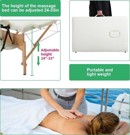 BestMassage MT-T1-Cream, Massage table portable massage bed, 186 cm, height adjustable and double folding, with carrying bag, Cream (beige)