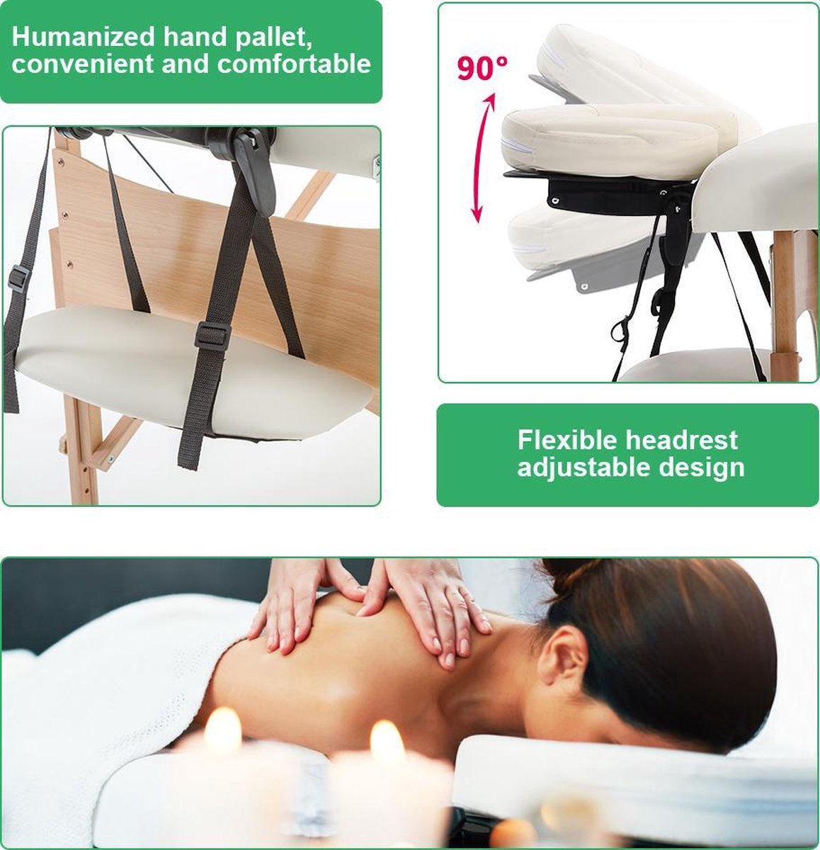 BestMassage MT-T1-Cream, Massage table portable massage bed, 186 cm, height adjustable and double folding, with carrying bag, Cream (beige)