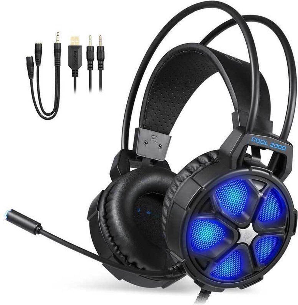 EasySMX COOL2000-BLUE Over-ear gaming headset met microfoon, LED  verlichting, Zwart/blauw