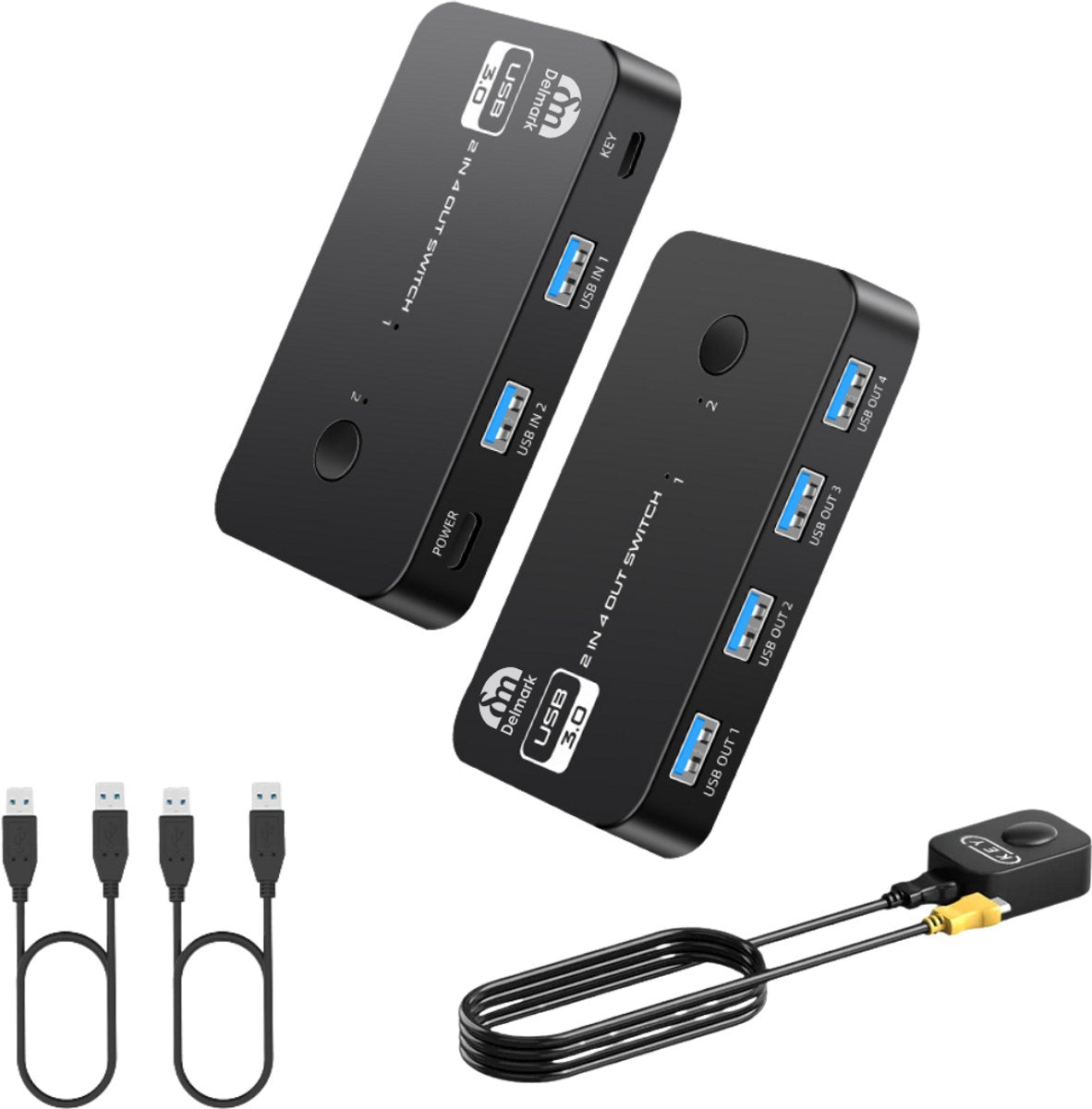 Delmark USB 3.0 Switch - 2 naar 4 - Deel 4 USB poorten op 2 PC's - inclusief 2x USB kabel