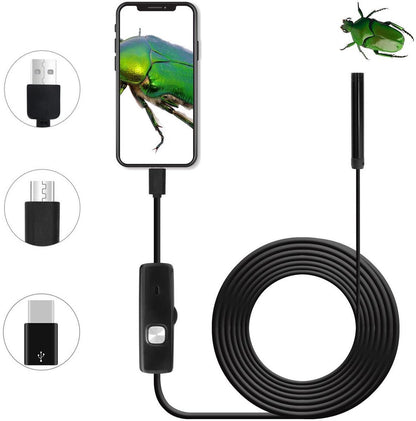 5m Endoscoop camera - 7mm kop en 5m kabel inspectiecamera - 720p HD - Te gebruiken met android telefoons of desktop (USB-A, USB-C, Micro USB), Waterdicht
