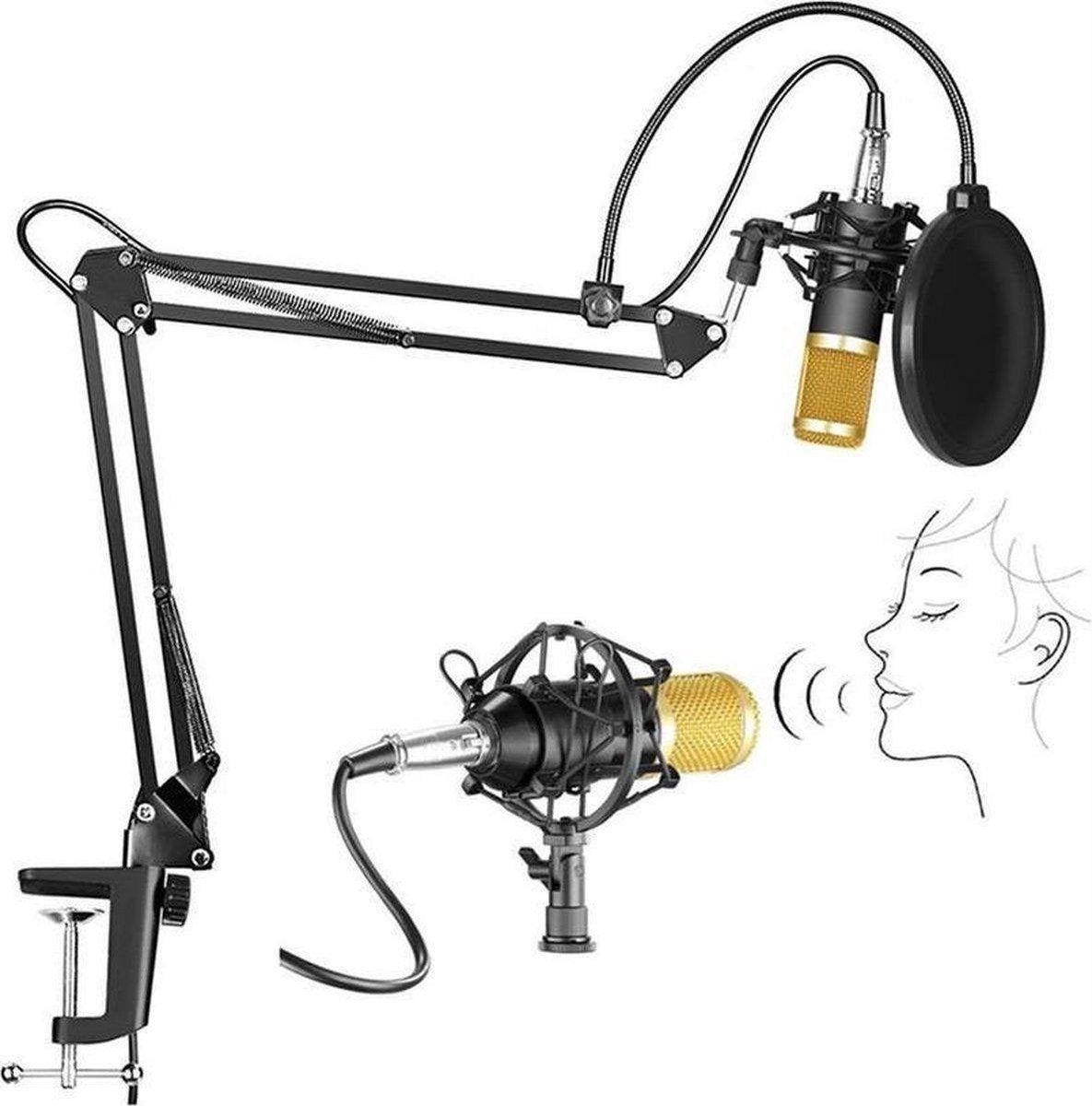 NÖRDIC BM800USB Microfoonkit met USB, condensatormicrofoon, tafelstandaard popfilter, shockmount en audiokabel, Zwart / Goud