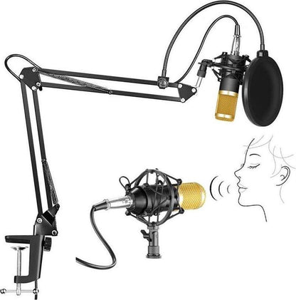 NÖRDIC BM800USB Microfoonkit met USB, condensatormicrofoon, tafelstandaard popfilter, shockmount en audiokabel, Zwart / Goud