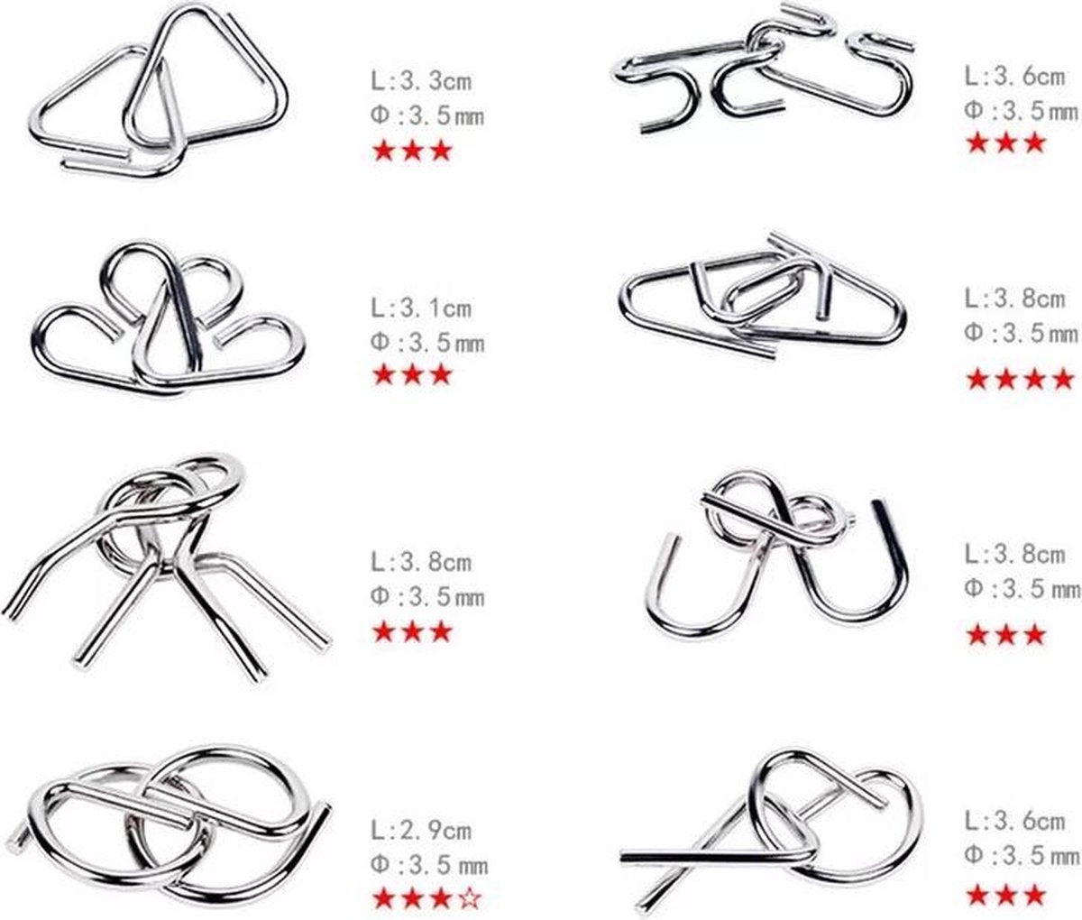 8x metalen puzzel breinbreker - Hersenkraker set - Denkspel - Geduldspel - Draadspel metaal puzzle