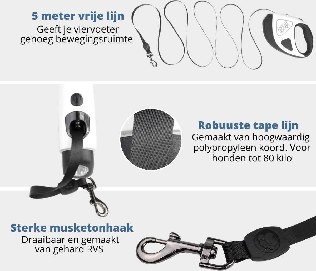 AdroitGoods Rollijn Hond - Zaklamp - Kleine Hondenrassen (5-30 kg) - Hondenriem - Looplijn - Hondenlijn - Reflecterend