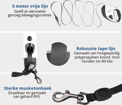 AdroitGoods Rollijn Hond - Zaklamp - Kleine Hondenrassen (5-30 kg) - Hondenriem - Looplijn - Hondenlijn - Reflecterend