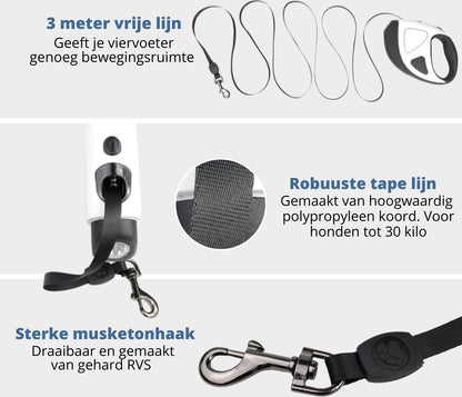 AdroitGoods Rollijn Hond - Zaklamp - Kleine Hondenrassen (5-30 kg) - Hondenriem - Looplijn - Hondenlijn - Reflecterend