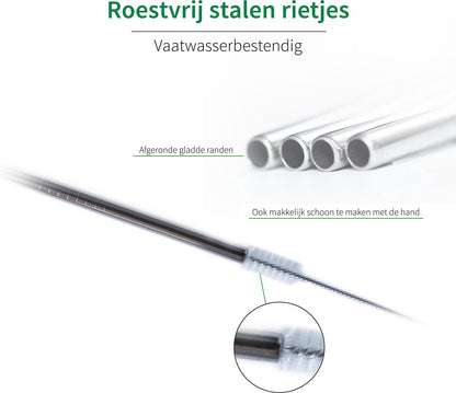RVS rietjes - Set van 10 (8 rietjes + 2 borsteltjes) - Roestvrijstalen rietjes - 4 rechte en 4 gebogen