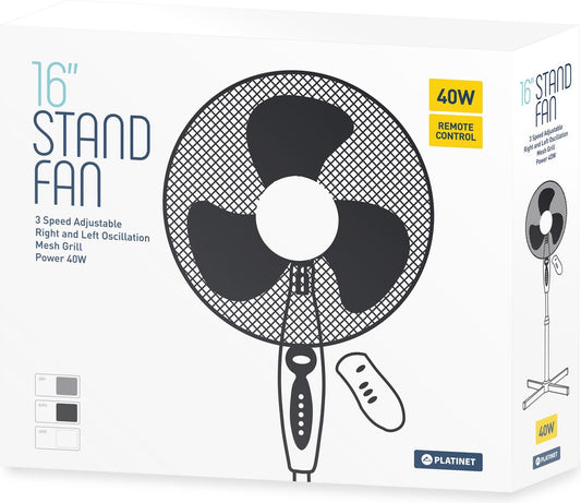 PLATINET PRSF16W Staande vloerventilator 40W oscillerend 41 cm (16 inch) met afstandsbediening wit