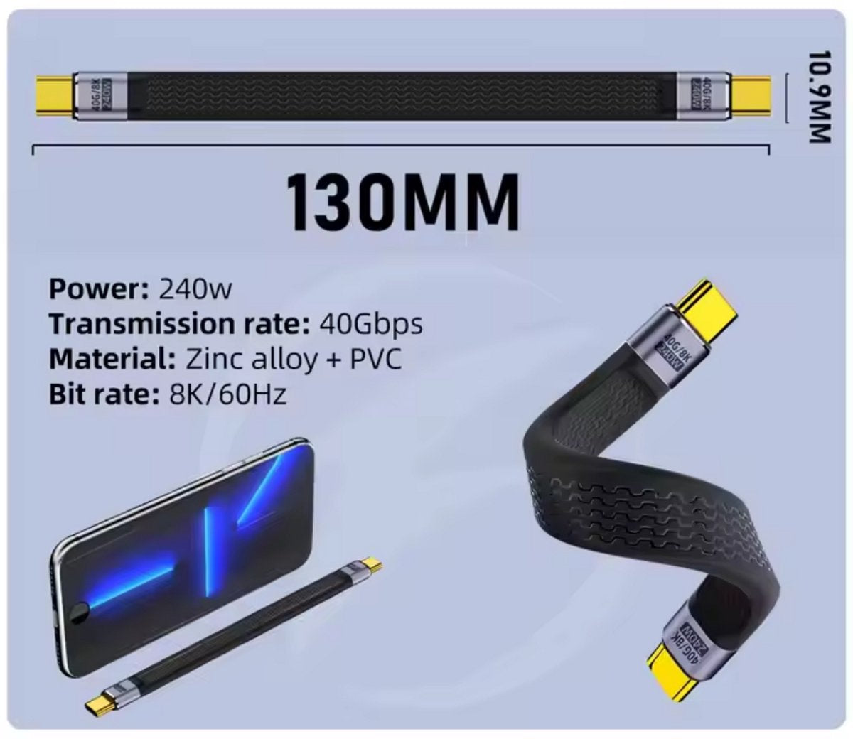 Delmark USB-C naar USB-C Kabel - 14cm - Thunderbolt 4 / USB4 240W PD - 8K60Hz Video - Flexibele kabel - Geschikt voor o.a. PC, Telefoon en Harde schijf
