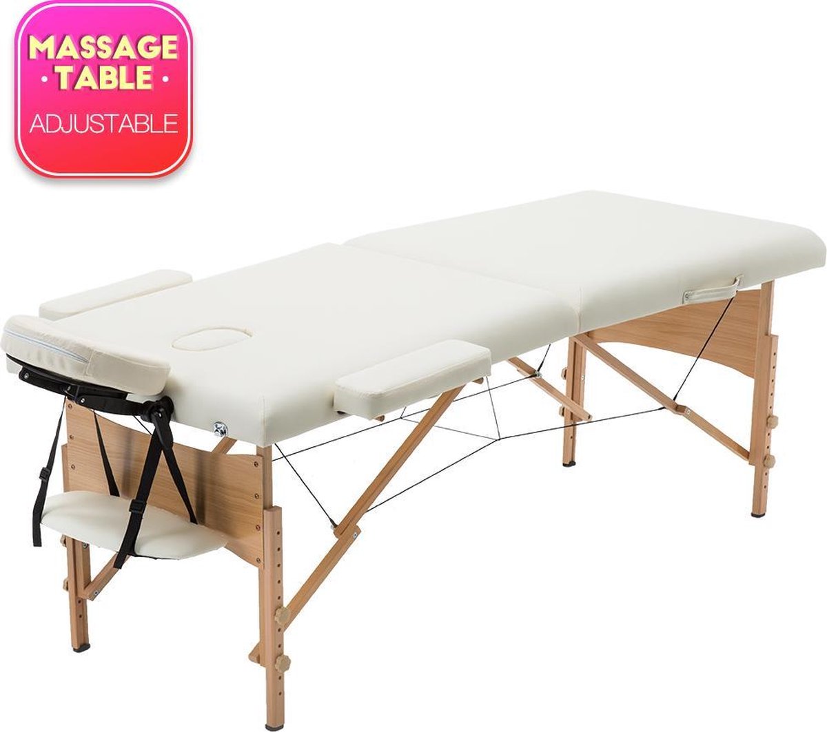 BestMassage MT-T1-Cream, Massagetafel draagbaar massagebed, 186 cm, hoogte verstelbaar en tweevoudig opklapbaar, met draagtas, Crème (beige)