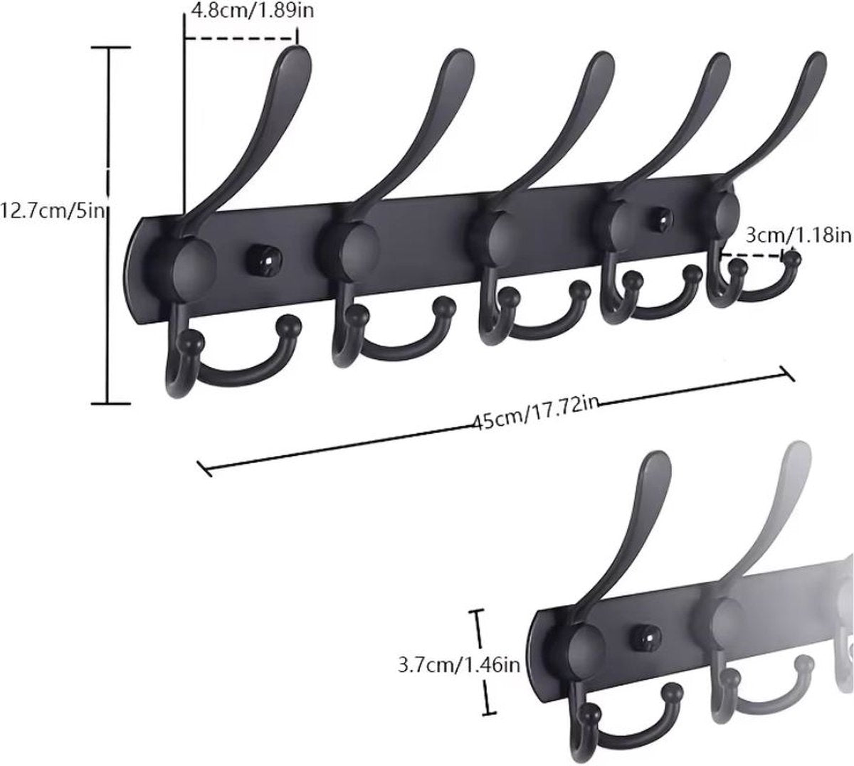 15-Haaks Wandkapstok - Hangende Design Muurkapstok - Handdoekrek - Mat Zwart