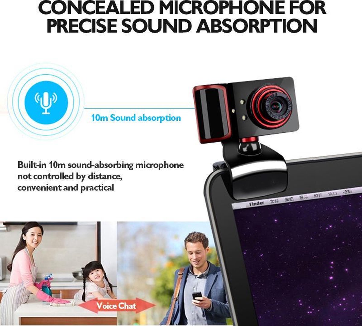 NÖRDIC EC-C102, Mini camera, USB webcam met microfoon voor PC, laptop, Webcamera HD 480p, zwart/rood