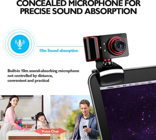 NÖRDIC EC-C102, Mini camera, USB webcam met microfoon voor PC, laptop, Webcamera HD 480p, zwart/rood