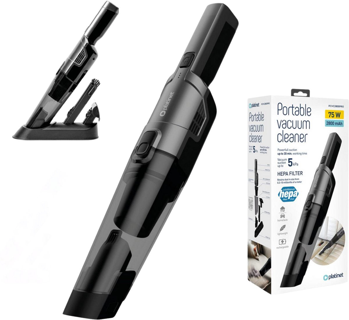 Platinet Draadloze Auto Stofzuiger PRO - HEPA-filter - 2800mAh - 75W - USB-C - incl. mondstukken en opbergstandaard