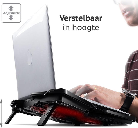 Promate AIRBASE-3.BLACK, Laptop Koeler Cooling Stand | 4 Ventilatoren | Instelbare ventilator snelheid | USB Hub| tot 17 inch (Zwart)