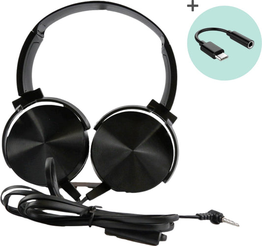 Platinet PH450 Bedrade Koptelefoon - Mega Bass - Met microfoon - 1.5 m kabel - 3.5mm jack met USB-C adapter - Zwart