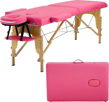 BestMassage MT-296-Pink - Massagetafel, 186 cm, hoogte verstelbaar, tweevoudig inklapbaar, gezichtskussen, draagbaar, draagtas, Roze