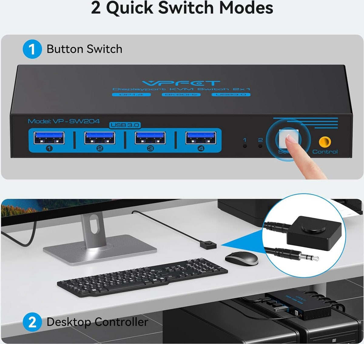 NÖRDIC KVM-150 KVM Switch - Displayport naar USB - 8K60Hz 4K144Hz, 4xUSB 3.1 - Zwart