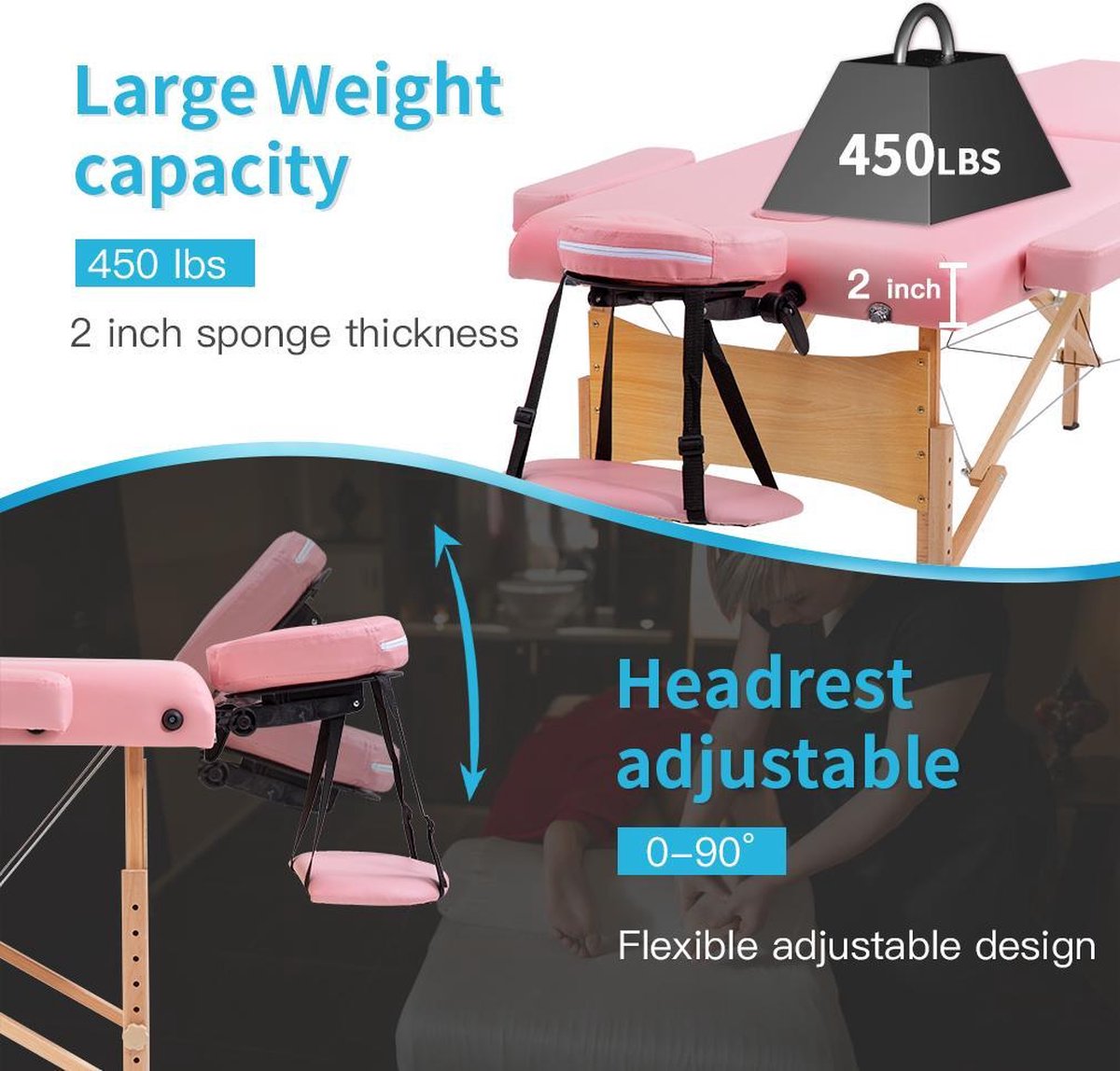 BestMassage MT-T1-Pink, Massagetafel draagbaar massagebed, 186 cm, hoogte verstelbaar en tweevoudig opklapbaar, met draagtas, Roze