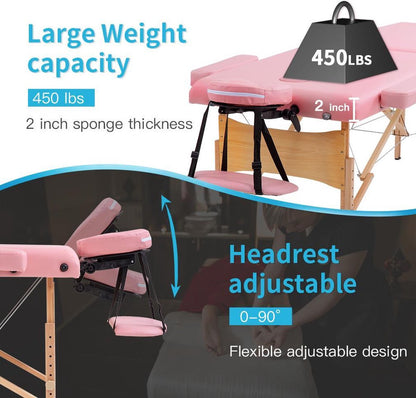 BestMassage MT-T1-Pink, Massagetafel draagbaar massagebed, 186 cm, hoogte verstelbaar en tweevoudig opklapbaar, met draagtas, Roze