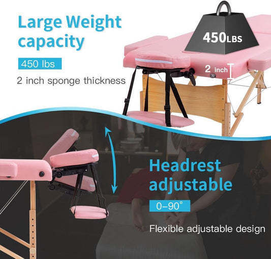 BestMassage MT-T1-Pink, Massagetafel draagbaar massagebed, 186 cm, hoogte verstelbaar en tweevoudig opklapbaar, met draagtas, Roze