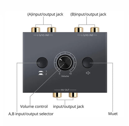 Delmark RCA Stereo Audio Schakelaar - Bi-directionele 2-in-1 R/L Audio Switcher met Mute Knop - 1 naar 2 of 2 naar 1 - Splitter en Switch